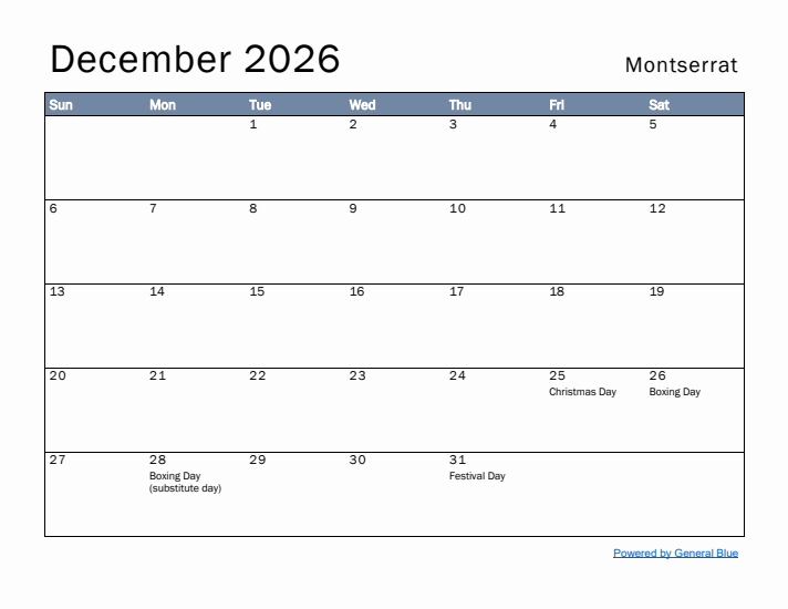 December 2026 Simple Monthly Calendar for Montserrat