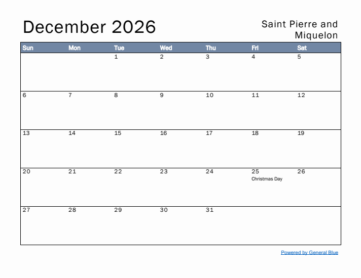 December 2026 Simple Monthly Calendar for Saint Pierre and Miquelon