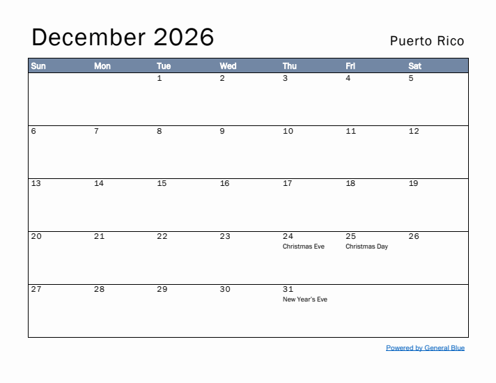 December 2026 Simple Monthly Calendar for Puerto Rico