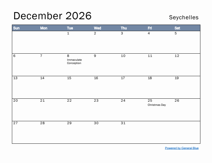 December 2026 Simple Monthly Calendar for Seychelles