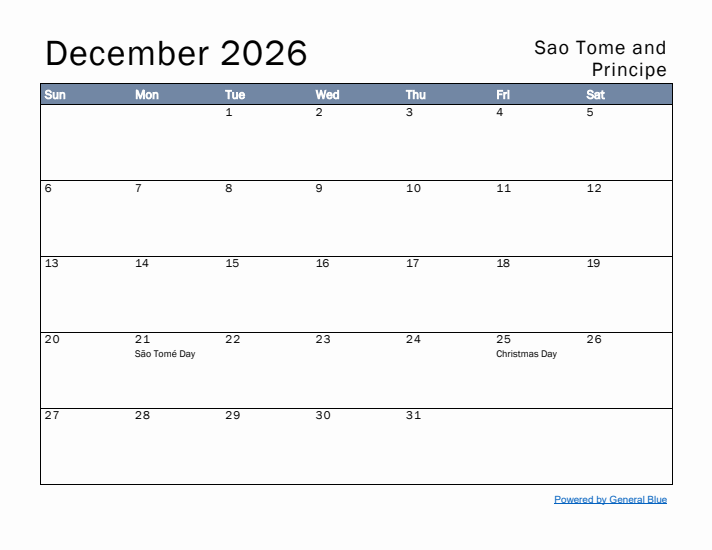 December 2026 Simple Monthly Calendar for Sao Tome and Principe