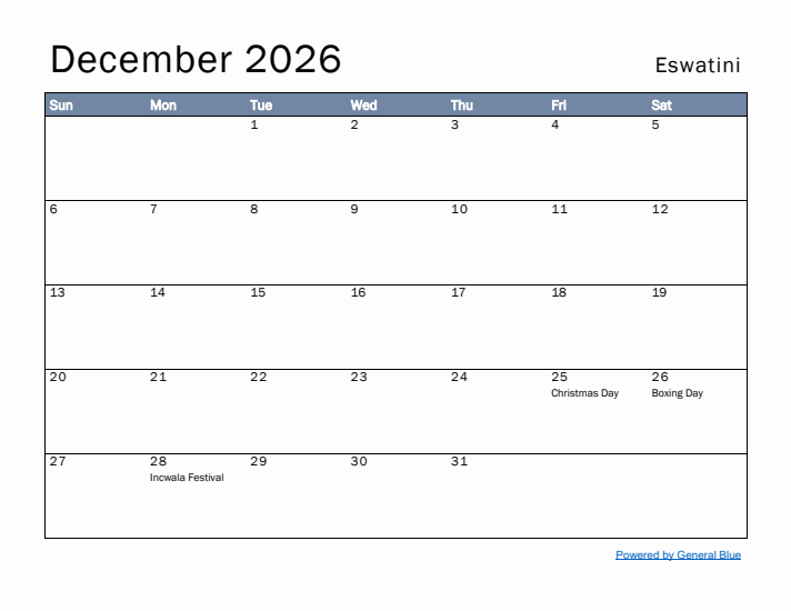 December 2026 Simple Monthly Calendar for Eswatini