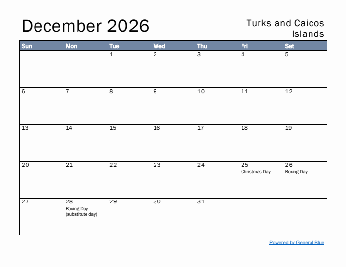 December 2026 Simple Monthly Calendar for Turks and Caicos Islands