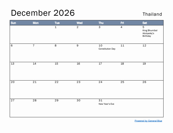 December 2026 Simple Monthly Calendar for Thailand