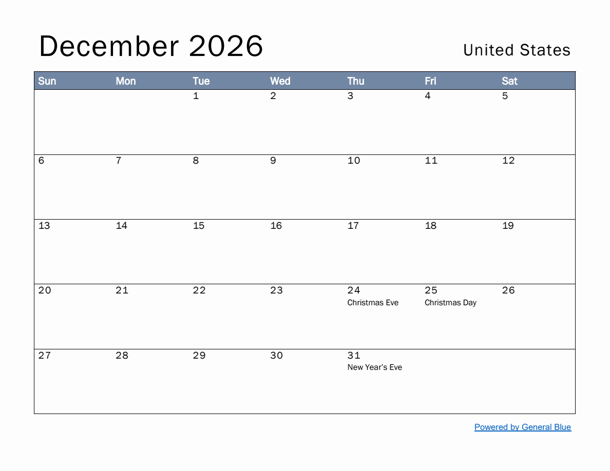 Free Monthly Calendar Template for December 2026 with United States