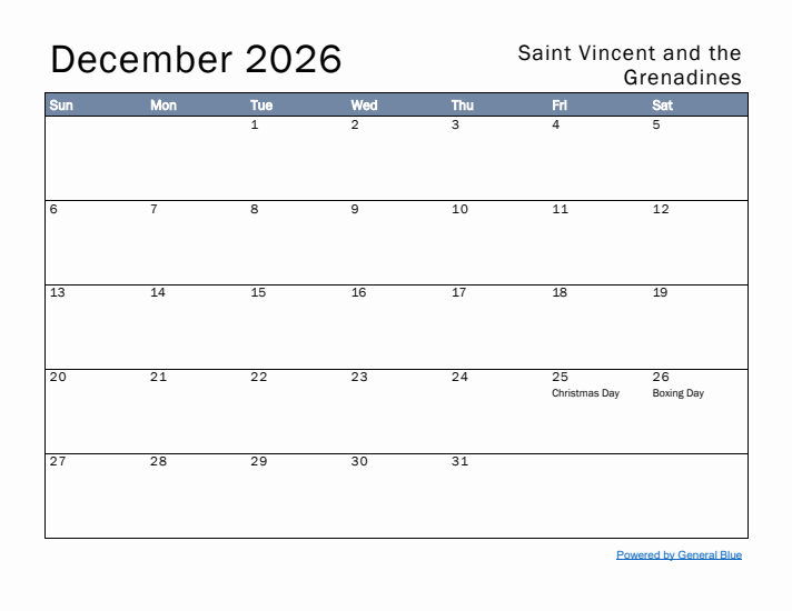 December 2026 Simple Monthly Calendar for Saint Vincent and the Grenadines