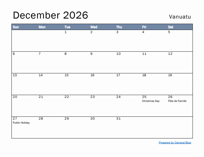 December 2026 Simple Monthly Calendar for Vanuatu