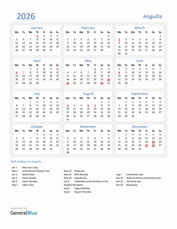 Basic Yearly Calendar with Holidays in Anguilla for 2026