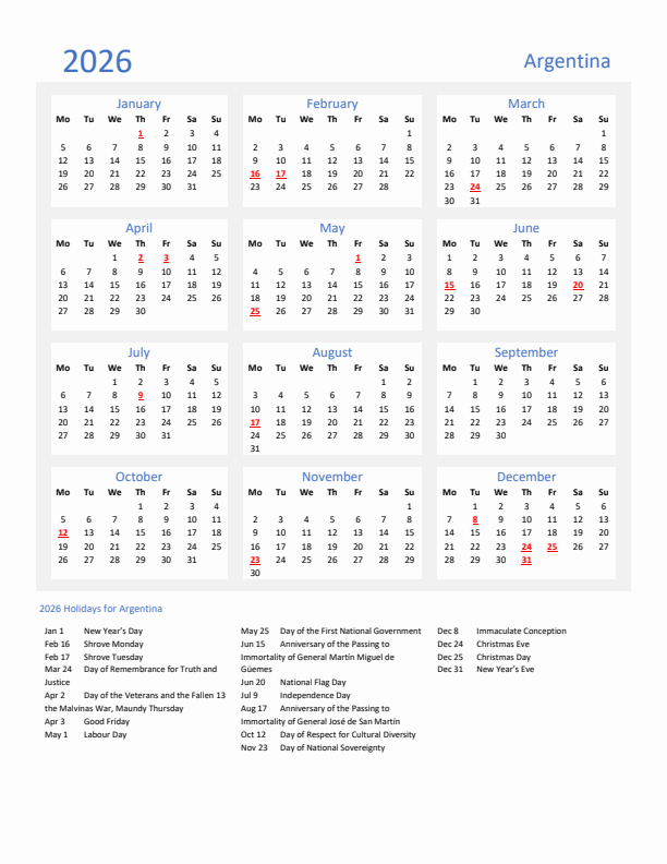 Basic Yearly Calendar with Holidays in Argentina for 2026 