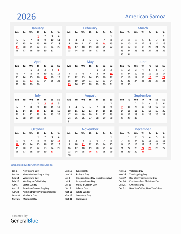 Basic Yearly Calendar with Holidays in American Samoa for 2026 