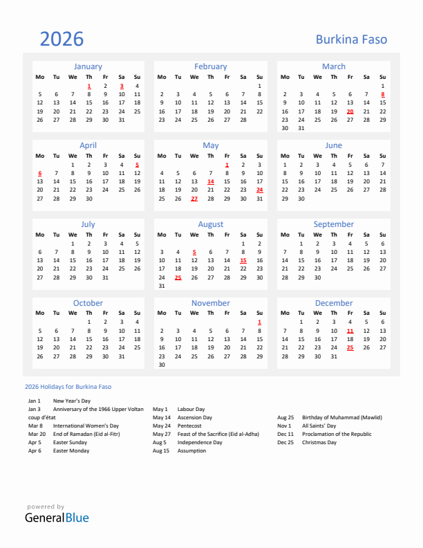 Basic Yearly Calendar with Holidays in Burkina Faso for 2026