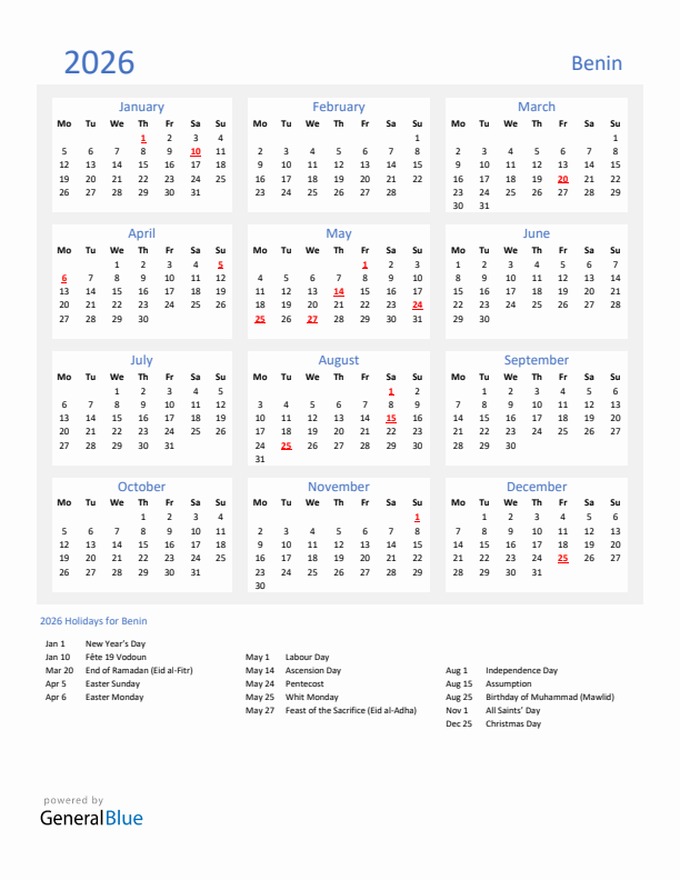 Basic Yearly Calendar with Holidays in Benin for 2026