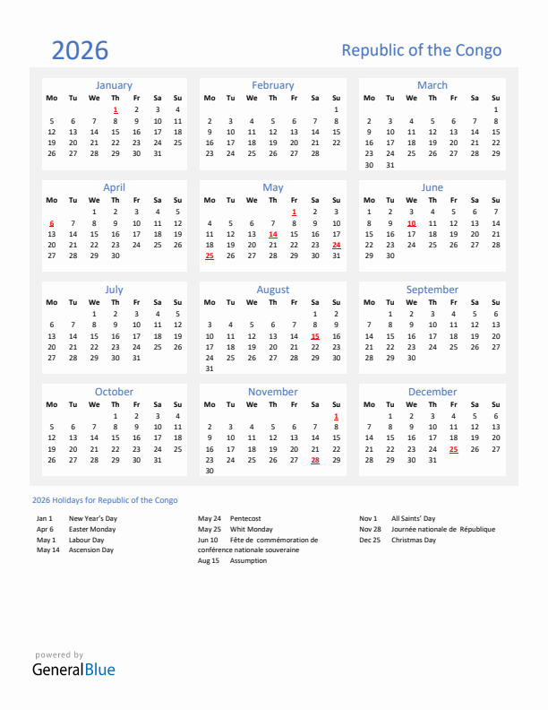 Basic Yearly Calendar with Holidays in Republic of the Congo for 2026 