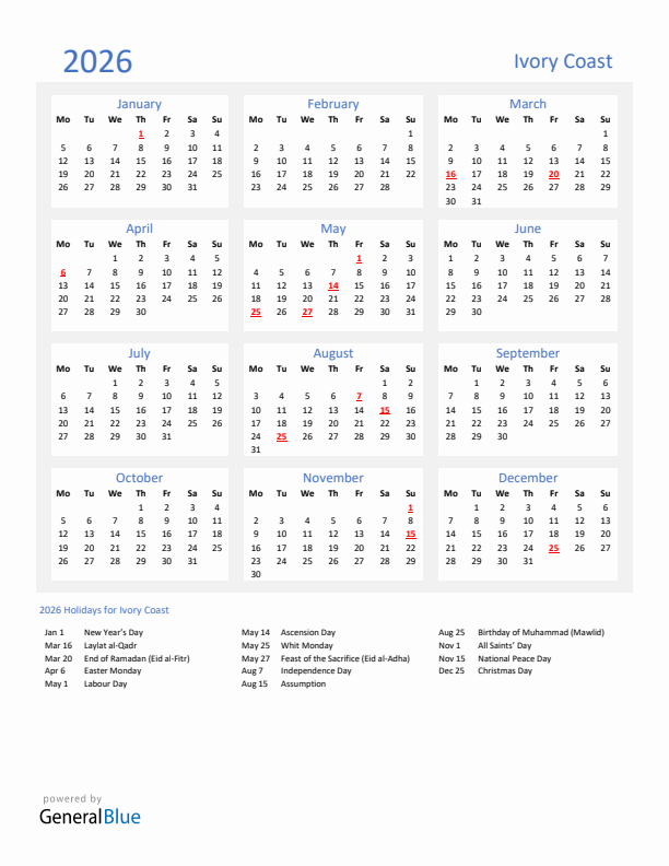 Basic Yearly Calendar with Holidays in Ivory Coast for 2026 