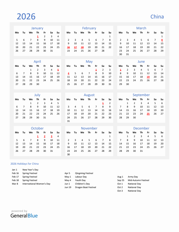Basic Yearly Calendar with Holidays in China for 2026