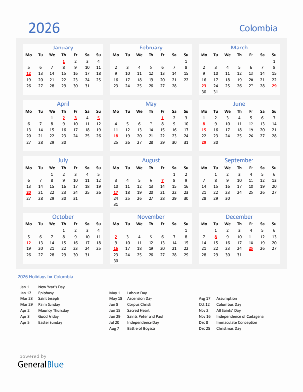 Basic Yearly Calendar with Holidays in Colombia for 2026