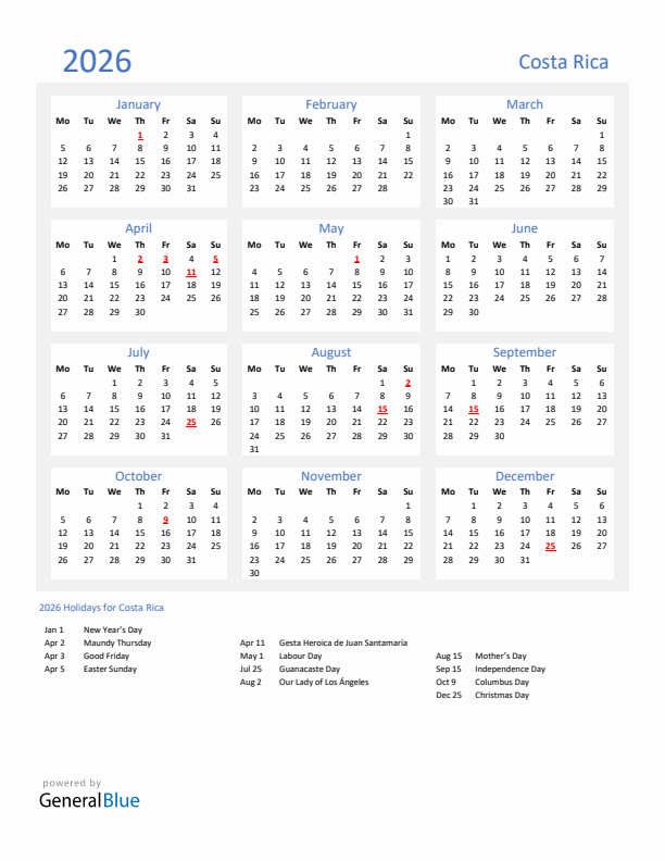 Basic Yearly Calendar with Holidays in Costa Rica for 2026