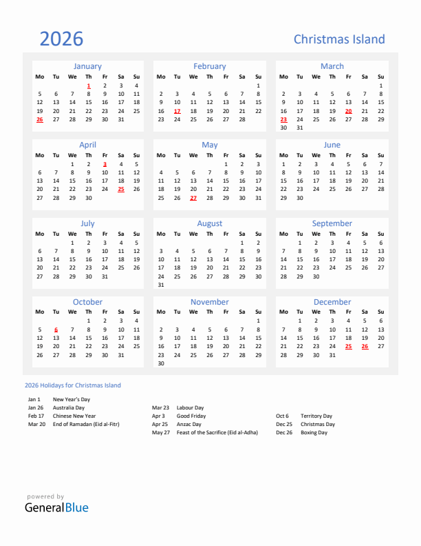 Basic Yearly Calendar with Holidays in Christmas Island for 2026