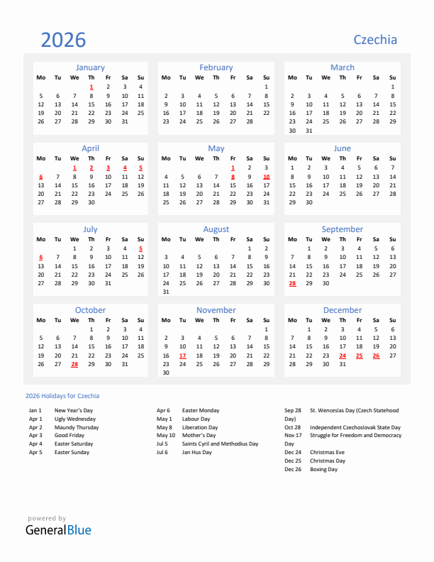 Basic Yearly Calendar with Holidays in Czechia for 2026 