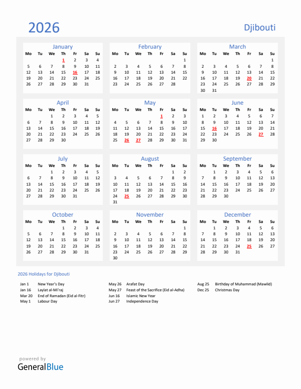 Basic Yearly Calendar with Holidays in Djibouti for 2026 