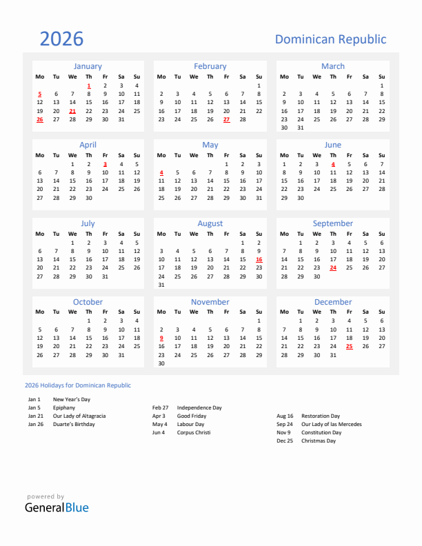 Basic Yearly Calendar with Holidays in Dominican Republic for 2026