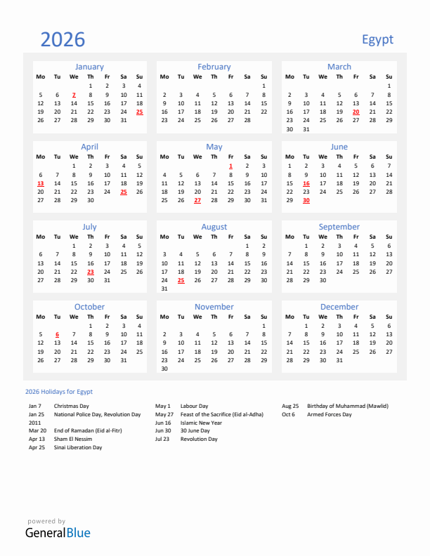 Basic Yearly Calendar with Holidays in Egypt for 2026 