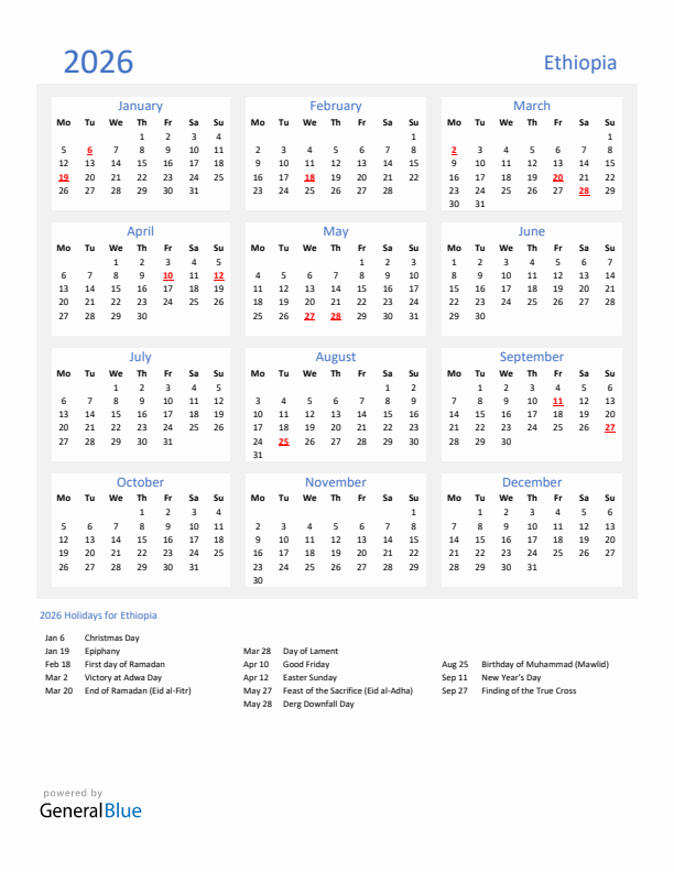 Basic Yearly Calendar with Holidays in Ethiopia for 2026