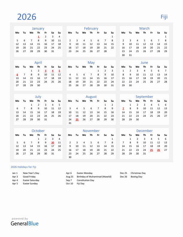 Basic Yearly Calendar with Holidays in Fiji for 2026 
