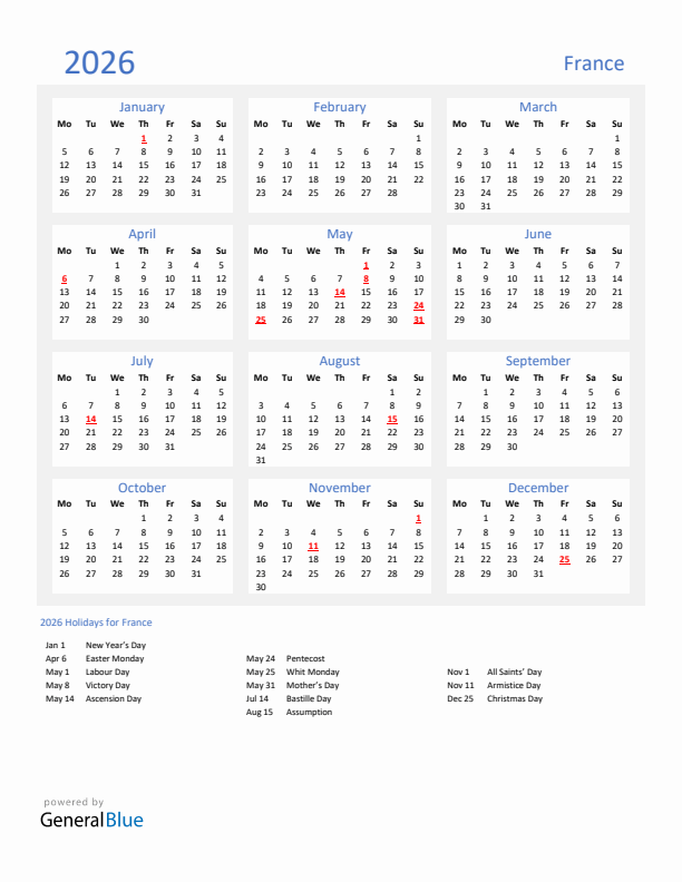 Basic Yearly Calendar with Holidays in France for 2026
