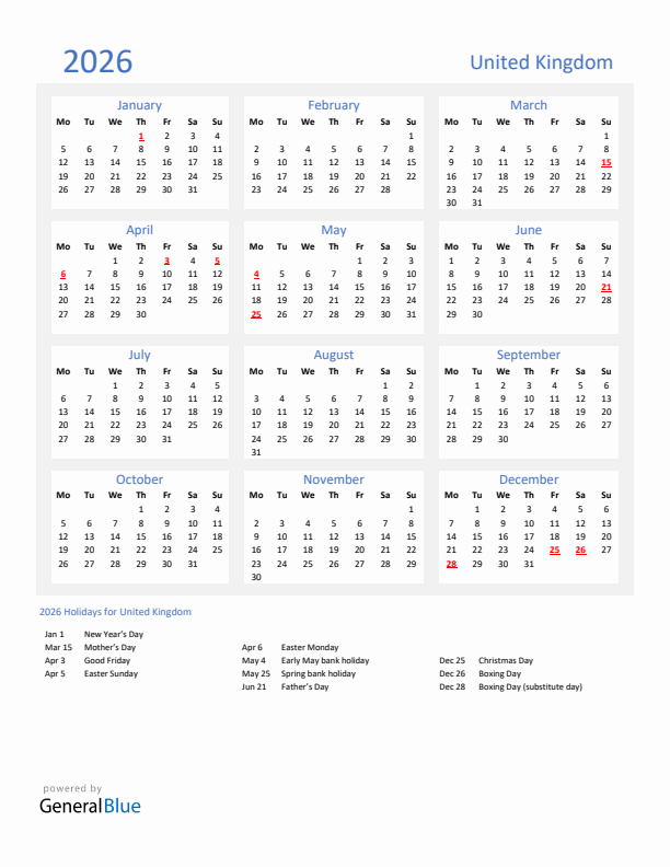2026 United Kingdom Calendar With Holidays Monday Start 