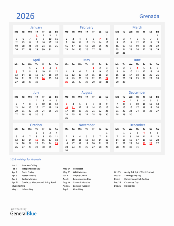 Basic Yearly Calendar with Holidays in Grenada for 2026