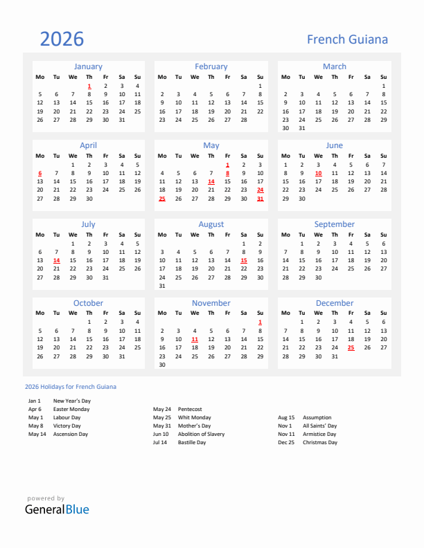 Basic Yearly Calendar with Holidays in French Guiana for 2026