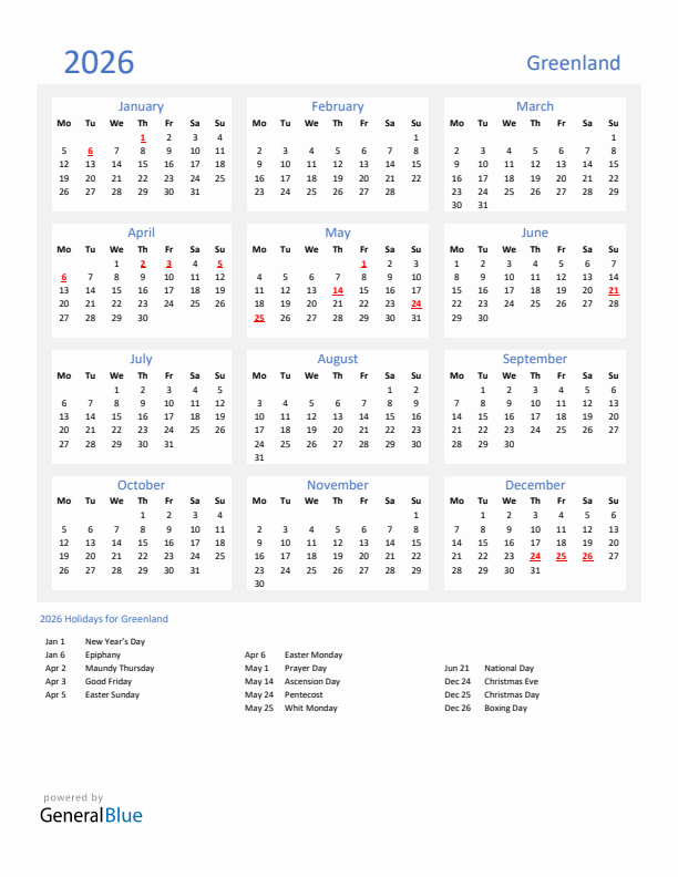 Basic Yearly Calendar with Holidays in Greenland for 2026