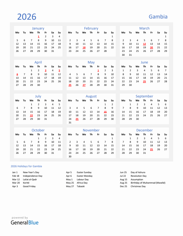 Basic Yearly Calendar with Holidays in Gambia for 2026 
