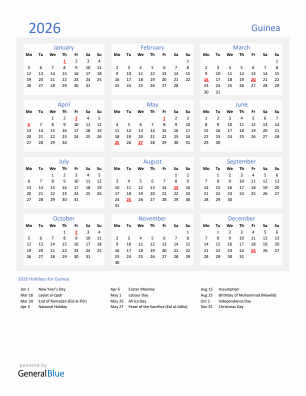 Basic Yearly Calendar with Holidays in Guinea for 2026 