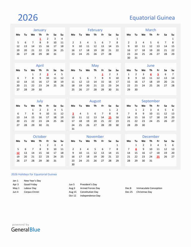 Basic Yearly Calendar with Holidays in Equatorial Guinea for 2026