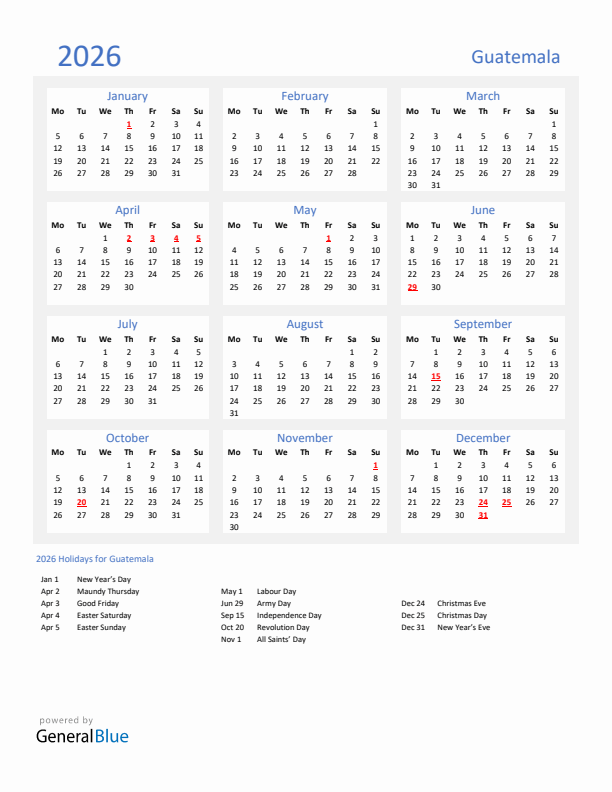 Basic Yearly Calendar with Holidays in Guatemala for 2026