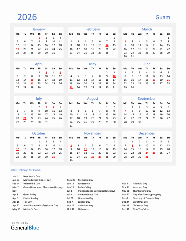 Basic Yearly Calendar with Holidays in Guam for 2026