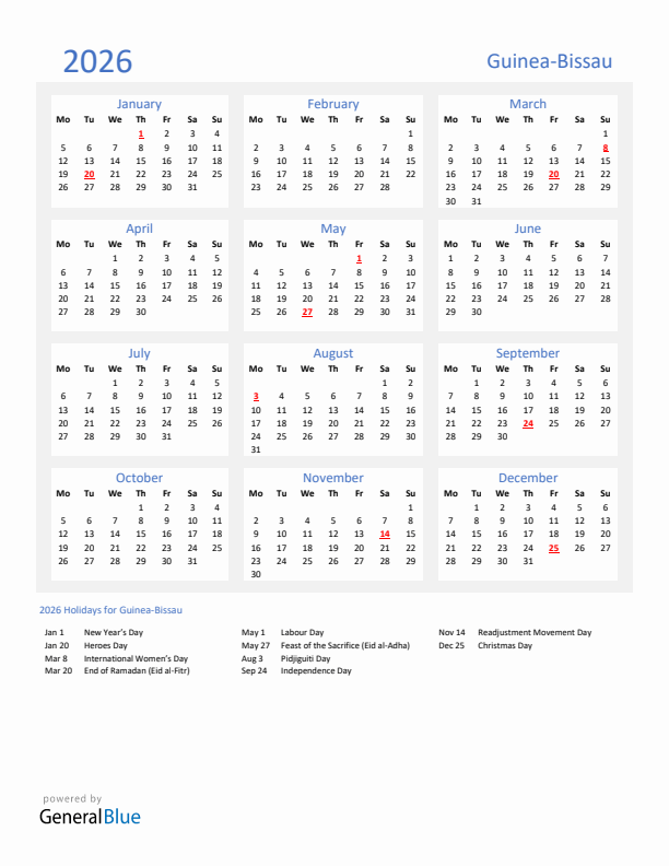 Basic Yearly Calendar with Holidays in Guinea-Bissau for 2026 
