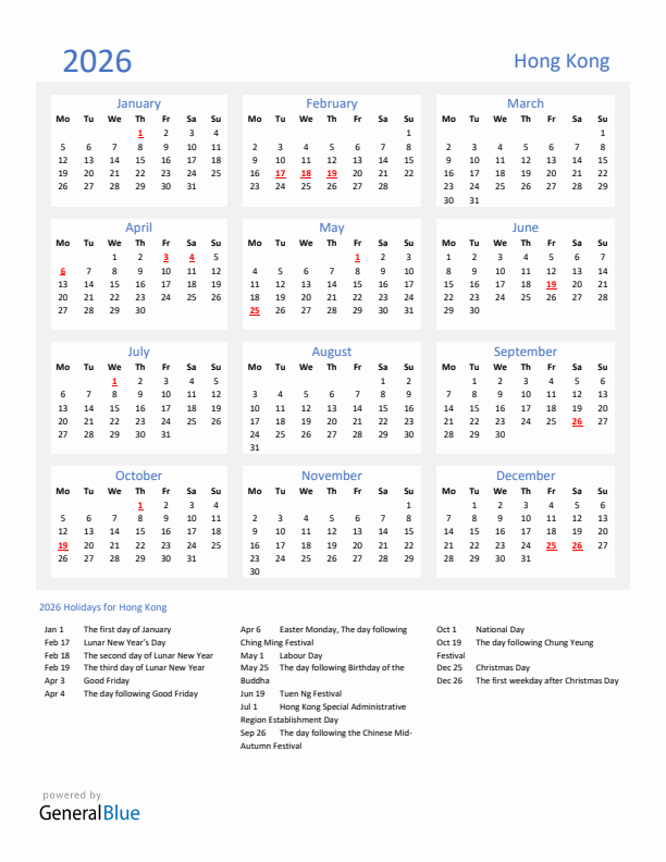 Basic Yearly Calendar with Holidays in Hong Kong for 2026 