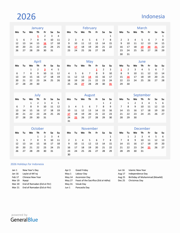 Basic Yearly Calendar with Holidays in Indonesia for 2026 