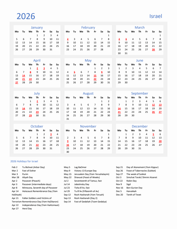 Basic Yearly Calendar with Holidays in Israel for 2026 