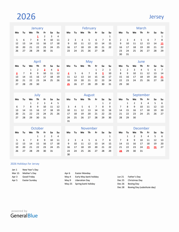 Basic Yearly Calendar with Holidays in Jersey for 2026