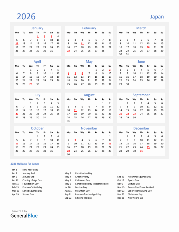 Basic Yearly Calendar with Holidays in Japan for 2026
