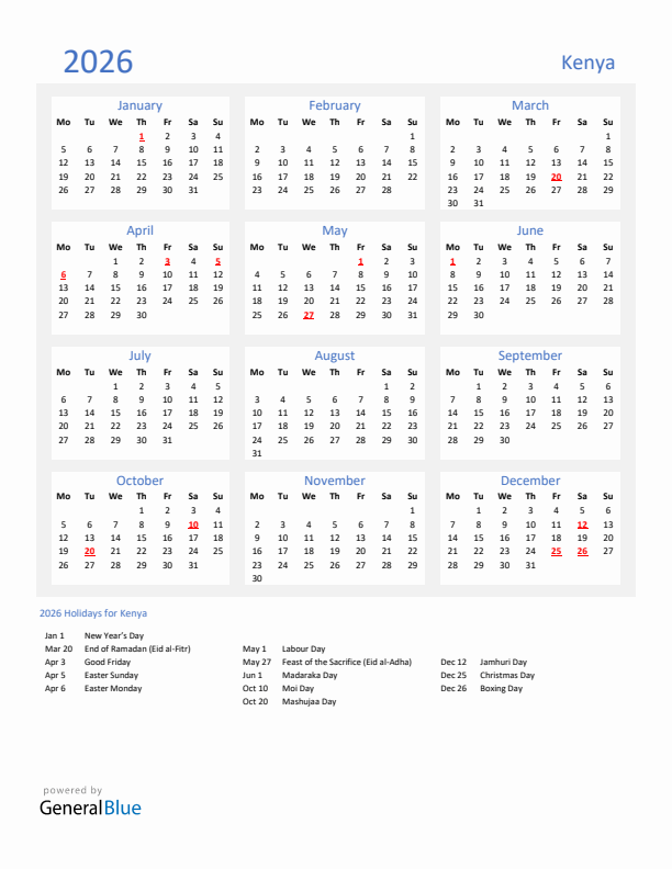 Basic Yearly Calendar with Holidays in Kenya for 2026