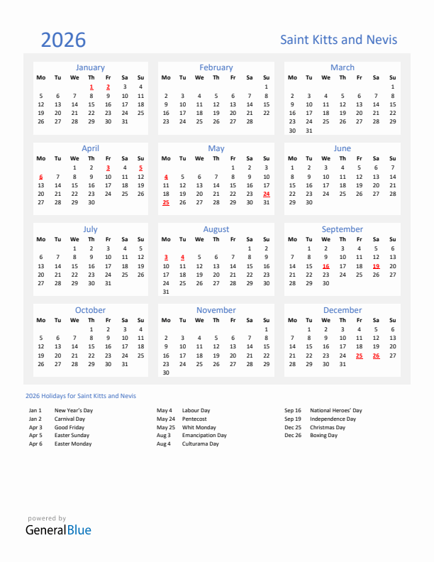 Basic Yearly Calendar with Holidays in Saint Kitts and Nevis for 2026 