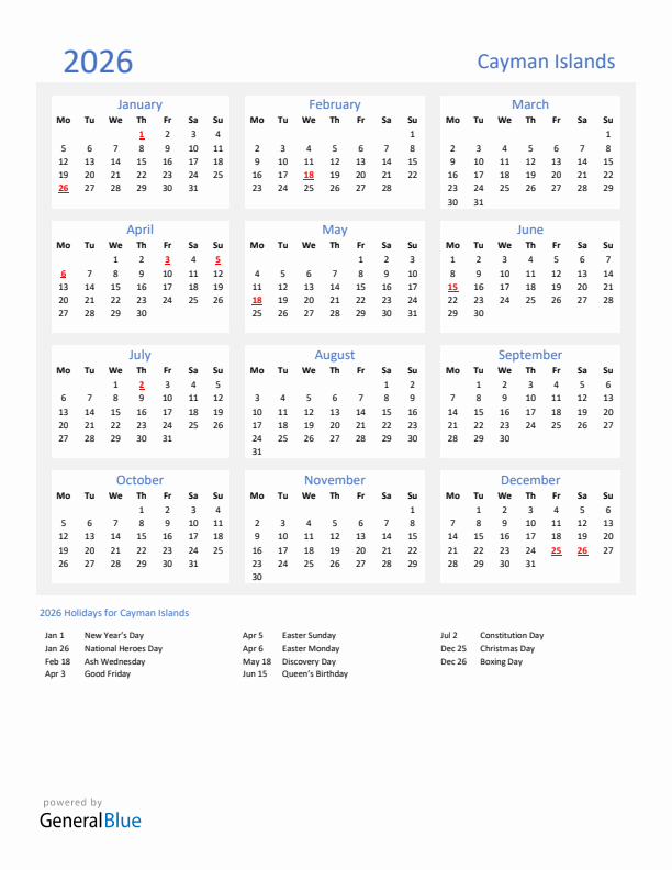 Basic Yearly Calendar with Holidays in Cayman Islands for 2026 