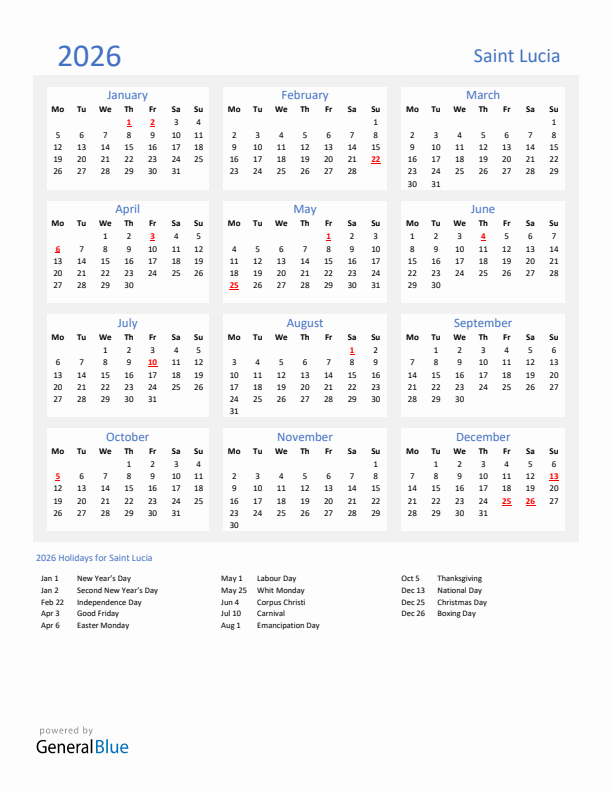 Basic Yearly Calendar with Holidays in Saint Lucia for 2026 