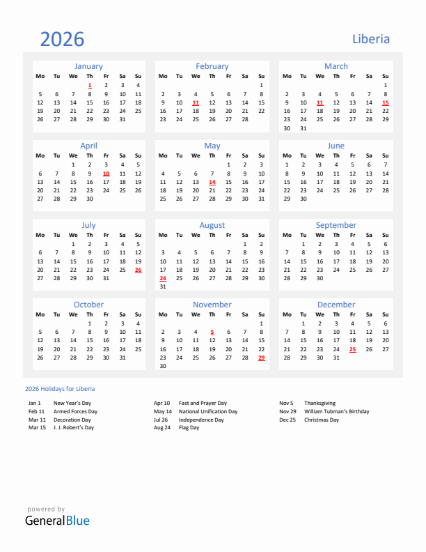 Basic Yearly Calendar with Holidays in Liberia for 2026 