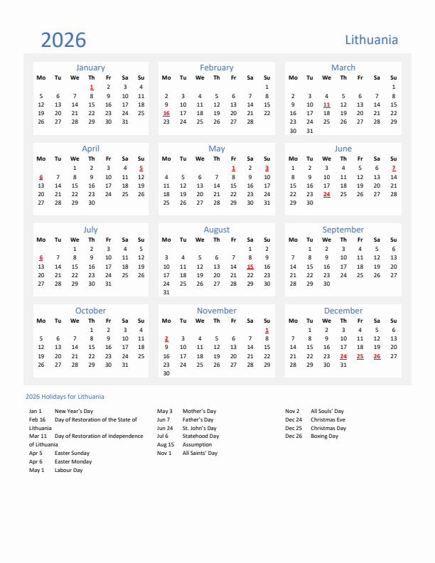 Basic Yearly Calendar with Holidays in Lithuania for 2026 
